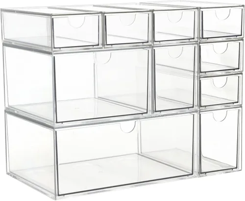 Organizador de maquillaje acrílico, 10 cajones, organizador de almacenamiento transparente, cajones de almacenamiento apilables de escritorio,