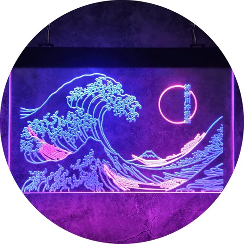 Letrero LED de neón The Great Wave Off Kanagawa, letrero japonés de Katsushika Hokusai clásico, arte de pared para habitación, letreros de luz de