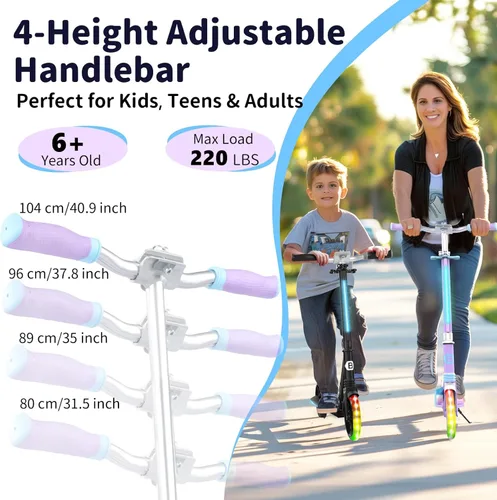 Miniatura 4 de BELEEV V8 Scooters para niños a partir de 6 años con cubierta iluminada, scooter plegable de 2 ruedas para adultos y adolescentes, 4 de altura