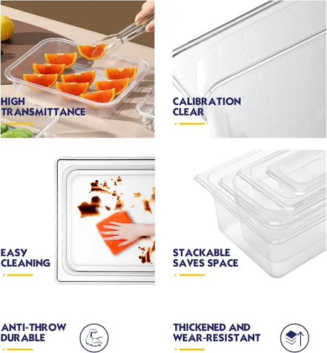 Miniatura 5 de BIEAMA Paquete de 6 bandejas de alimentos NSF con tapas, tamaño 1/4 de 4 pulgadas de profundidad, recipientes comerciales de almacenamiento