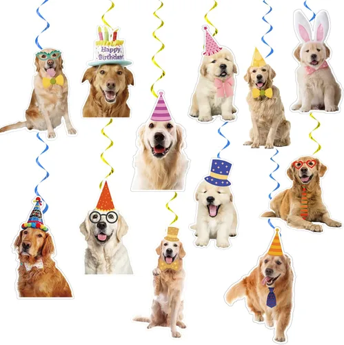 Miniatura 5 de 24 piezas de decoraciones colgantes de Golden Retriever, remolinos colgantes de techo Golden Retriever, suministros de fiesta de cumpleaños