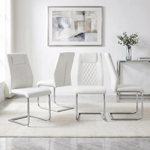Miniatura 3 de gopop Juego de 4 sillas de comedor, de piel sintética blanca con marco de metal cromado chapado, sillas modernas de cocina con asiento acolchado