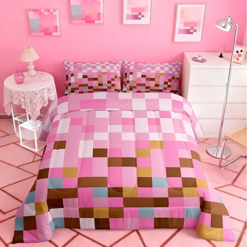 Miniatura 18 de Pixelated Miners - Juego de edredón para niños, tamaño individual, juego de ropa de cama de videojuegos a cuadros geométricos para adolescentes