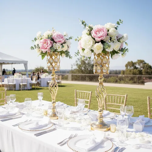 Miniatura 2 de Jarrones de cristal para centros de mesa de boda, juego de 2 jarrones dorados de metal, versátiles soportes para flores de 24 pulgadas de alto