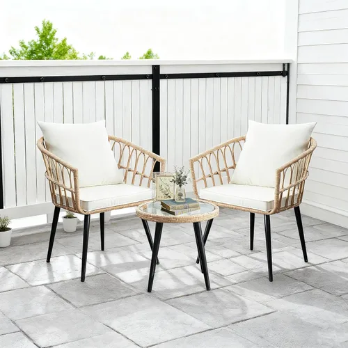 Miniatura 9 de PORWEY Juego de 3 piezas de muebles de mimbre para patio, balcón, mesa y sillas de ratán para porche, patio trasero, césped, cubierta junto a
