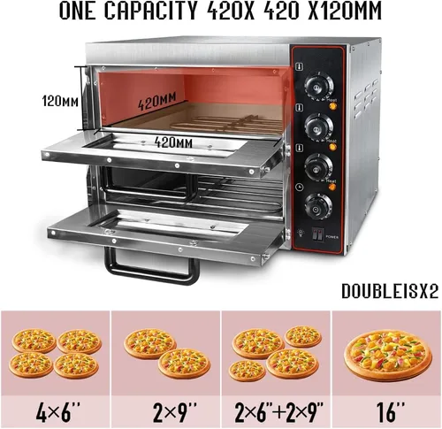 Miniatura 2 de Horno de pizza comercial Horno doble de 1700 W 16 pulgadas de acero inoxidable para pizza y aperitivos, horno multiusos para pizza