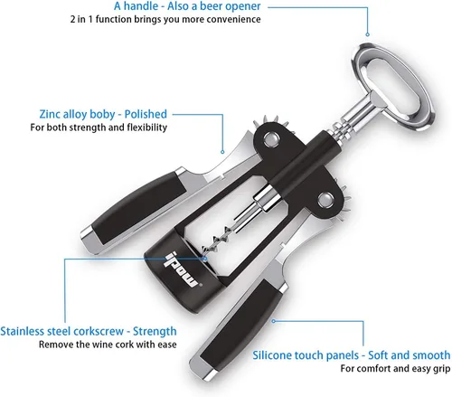 Miniatura 2 de IPOW Abridor de botellas de vino, Abridor de botellas de vino de aleación de zinc, Sacacorchos de ala resistente, Manual multifuncional tornillo