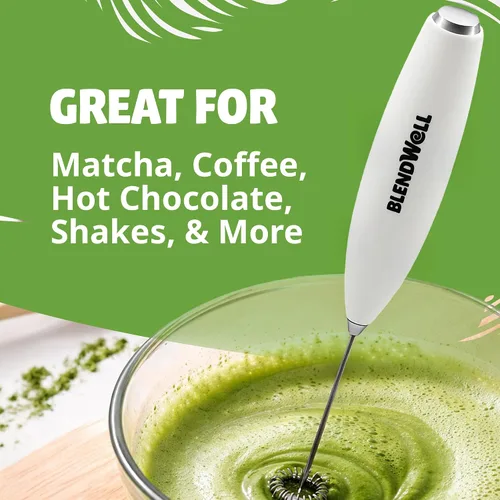 Miniatura 3 de BlendWell Espumador de leche eléctrico para matcha y café, mezclador de bebidas de mano con batería, con soporte, batidor de acero inoxidable, blanco