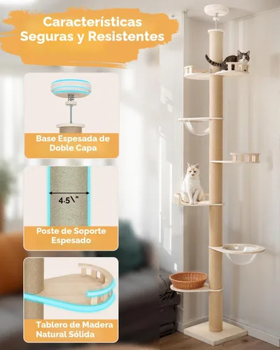 Miniatura 3 de Veehoo Altura del árbol para gatos de piso a techo (106-123 pulgadas), ajustable, resistente y alto con postes rascadores de 4.3 pulgadas de grosor