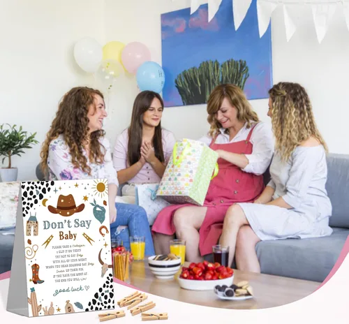 Miniatura 5 de Letrero de juego de vaquero para baby shower (1 letrero + 50 mini pinzas para la ropa) para decoraciones y recuerdos de fiesta de revelación