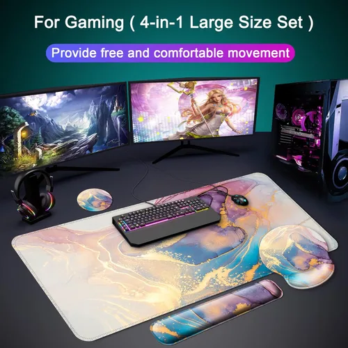 Miniatura 8 de Alfombrilla para mouse + alfombrilla de escritorio + reposamuñecas para teclado + posavasos 4 en 1, bonita alfombrilla de mouse ergonómica grande E3