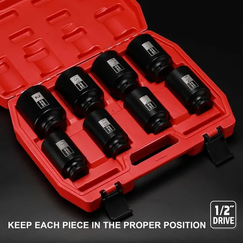 Miniatura 5 de EMENTOL 8PCS Juego de llaves de impacto para tuerca de eje de husillo de 1/2 pulgada, CR-MO, 6 puntos, SAE, juego de llaves de impacto profundo