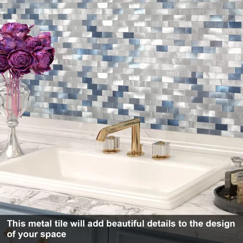 Miniatura 3 de BeNice Azulejos para salpicaduras de cocina, despegar y pegar, azulejos de metal para pared de baño, azulejos de pared de baño, color azul (10 hojas)