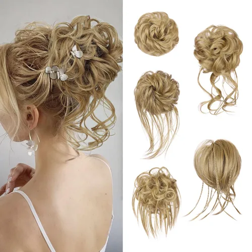 Miniatura 14 de 5 piezas de extensiones de cabello para moños desordenados con banda elástica de goma para mujeres, extensiones de cola de caballo con horquillas