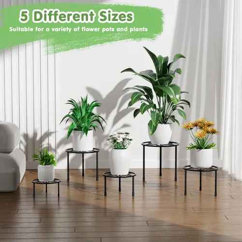 Miniatura 7 de VECELO Juego de 5 soportes de metal para plantas, soporte para macetas de alta resistencia, soporte redondo para plantas, color negro