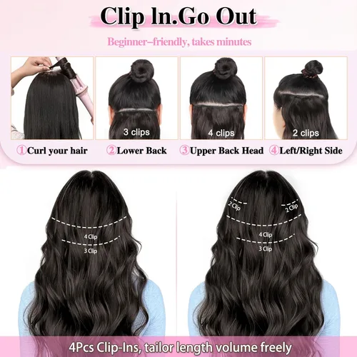 Miniatura 5 de ALXNAN Extensiones de cabello sintético largo y ondulado con clip, de 16 pulgadas, color negro natural, 4 piezas gruesas, fibra de doble trama