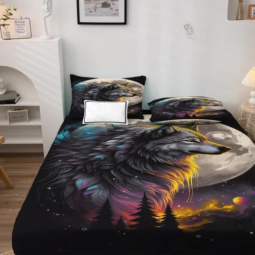 Miniatura 2 de Sábanas de lobo tamaño individual, sábanas de luna de lobo, sábanas y fundas de almohada estampadas de 3 piezas, sábana bajera ajustable