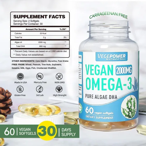 Miniatura 6 de Suplemento vegano Omega 3 DHA – Aceite de algas, DHA a base de plantas, 800 mg, sin carragenina, reemplazo para aceite de pescado, apoya el corazón