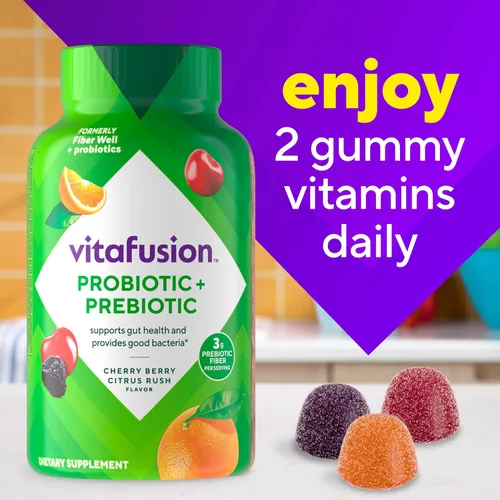 Miniatura 8 de Vitafusion Fiber Well + Gomitas de probióticos para adultos, 0.11 onzas de fibra por porción para la salud digestiva y probióticos*, 60