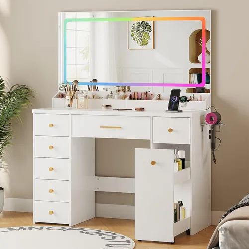 Miniatura 10 de LAKEMID Escritorio de tocador blanco con espejo y luces, mesa de tocador de maquillaje con salida y 8 cajones, escritorio de maquillaje con luces