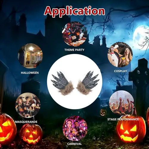 Miniatura 4 de Manos de hombre lobo de Halloween, garras de hombre lobo G-loves, látex lobo G-ama manos peludas aterradoras para fiesta de hombre lobo, accesorios