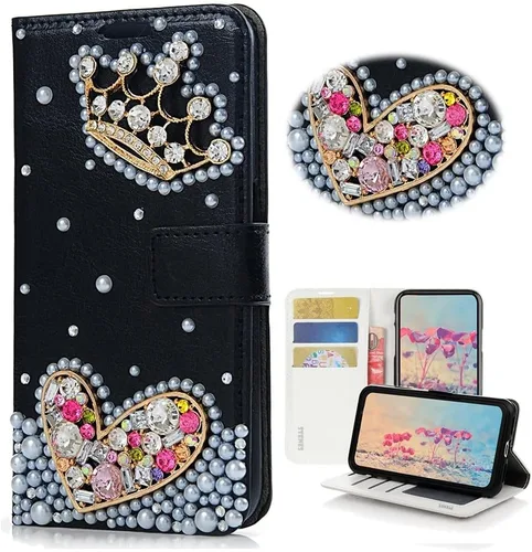 Bling - Funda tipo cartera compatible con Samsung Galaxy S21 Ultra, elegante funda de piel con diseño de corazón y corona hecha a mano en 3D con