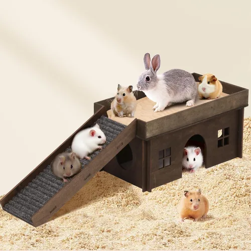 Miniatura 8 de Casa Grande para Conejos con Escalera, Castillo de Madera para Conejos Escondite de Conejos, Cabaña Escondite para Chinchillas y Conejillos