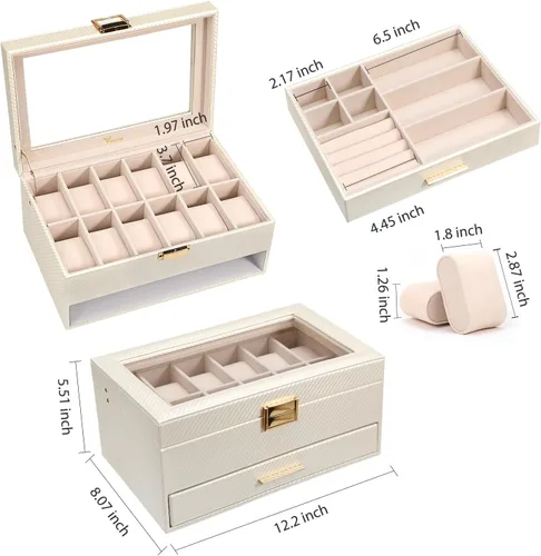 Miniatura 3 de Voova - Organizador de cajas de joyería para relojes para hombres y mujeres, 2 capas grandes con 12 ranuras, estuche de almacenamiento de relojes