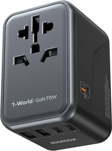 MOMAX Adaptador de viaje universal 6 en 1, adaptador de corriente internacional GaN 70W, 3 USB-C PD de carga rápida y 2 USB-A QC, 1 AC, adaptador de