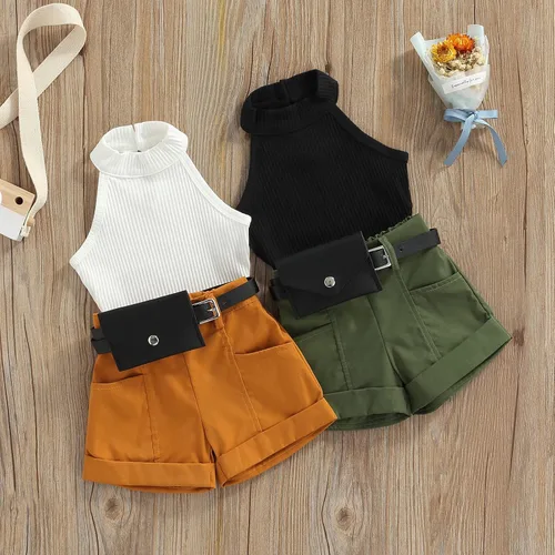 Miniatura 2 de TheFound Trajes de verano para niñas pequeñas, sin mangas, de punto acanalado, halter, pantalones cortos, ropa para recién nacidos, conjunto de 3