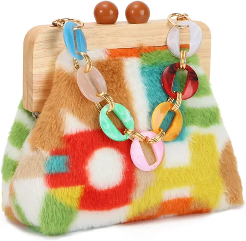 Bolso de hombro de felpa de moda para mujer, bolso de noche con cierre de beso, suave y esponjoso, bolso de mano para fiesta de boda