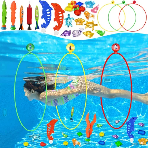 Miniatura 10 de Jasonwell Juguetes de piscina, anillos de buceo, 28 piezas, juego de piscina, juguetes de buceo con anillo de buceo, tesoros submarinos, bandidos