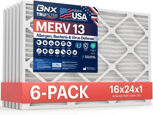 BNX TruFilter 16x24x1 Filtro de aire MERV 13 (paquete de 6) - HECHO EN EE.UU. - Filtros plisados electrostáticos para aire acondicionado HVAC AC,