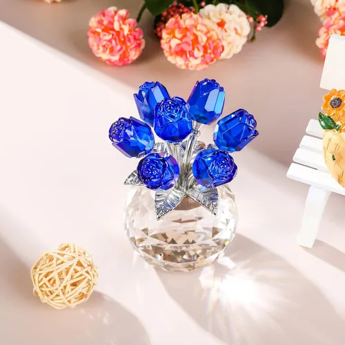Miniatura 3 de YWHL Figura de flor de rosa azul de cristal con jarrón redondo, regalos de rosas para esposa, novia, regalos románticos para mamá en el día
