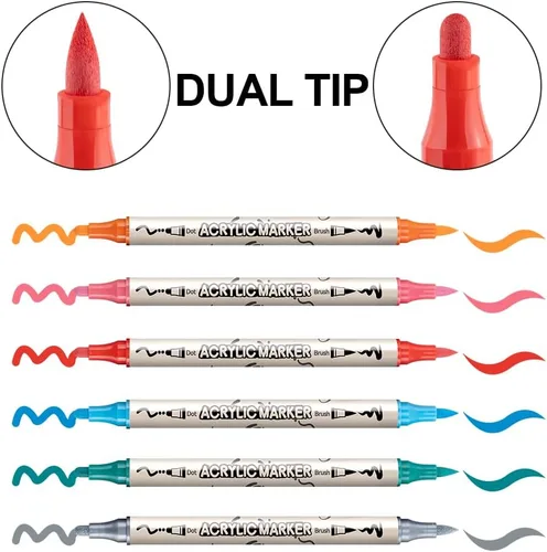 Miniatura 4 de TRANSON Juego de rotuladores de pintura acrílica de doble punta de 12 colores para lienzo de madera, madera, cuero, cerámica, pintura de bricolaje