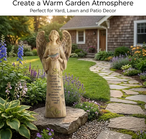 Miniatura 5 de Estatua de ángel de resina con pájaro, escultura de jardín al aire libre de 10 pulgadas para patio y césped, regalo conmemorativo impermeable
