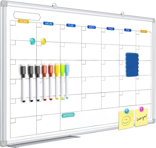 Miniatura 9 de Calendario de borrado en seco para pared, pizarra blanca magnética mensual de 24 x 18 pulgadas, borrado en seco, marco de aluminio negro con bandeja