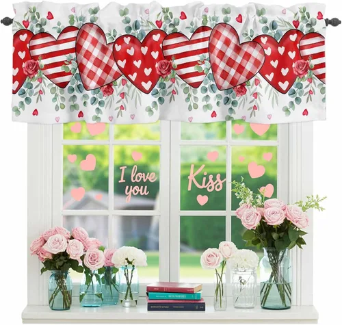 Miniatura 18 de Cortina de cenefas para el 4 de julio, diseño de corazón y bandera americana, cortina patriótica para ventanas de cocina, rojo, blanco y azul