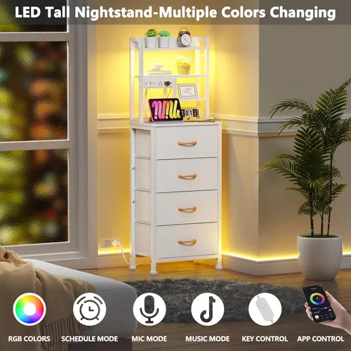 Miniatura 4 de Furnulem - Mesita alta con 3 cajones de tela y luces LED, mesita de noche con estantería, mesas de noche de 45.3 pulgadas de altura con puertos USB