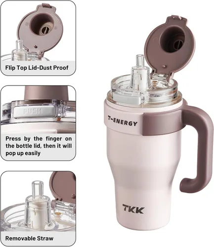 Miniatura 5 de TKK Vaso de 27 onzas con asa y popote, botella aislada con revestimiento de cerámica, taza de viaje 100% a prueba de fugas para agua, té helado