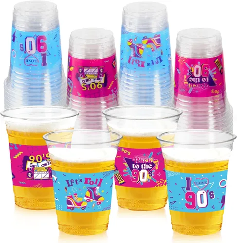 Vasos de decoración de fiestas temáticas de los años 90, 50 vasos de plástico desechables de 16 onzas para música retro, hip hop, baile de regreso a