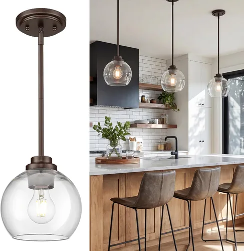 Miniatura 10 de Luces Colgantes de Latón para Isla de Cocina Paquete de 2, Luz Colgante Dorada Estilo Granja con Pantalla de Globo de Vidrio Transparente