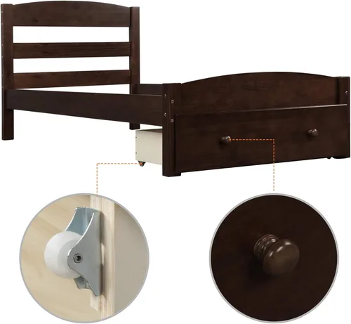 Miniatura 4 de SOFTSEA Base de cama de tamaño individual con cajones de almacenamiento, plataforma de madera maciza moderna de mediados de siglo con cabecero,