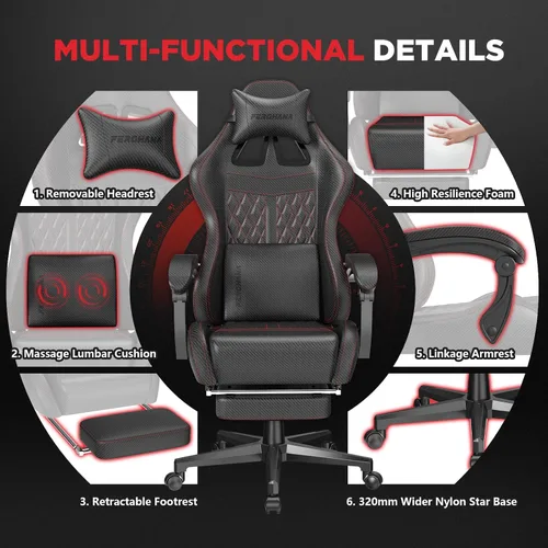 Miniatura 7 de Ferghana Silla vintage de piel sintética para videojuegos, silla de jugador con respaldo alto con masaje, silla ergonómica de oficina para Negro