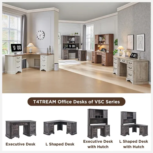 Miniatura 6 de T4TREAM - Escritorio ejecutivo en forma de L de 59 pulgadas con cajones, escritorio de computadora de madera estilo granja, con estación de carga