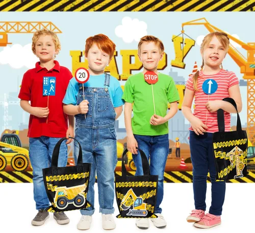 Miniatura 5 de Photect 24 piezas de bolsas de regalo con temática de construcción, camión volquete no tejido con asas, excavadora, tractor, caramelo, paquete