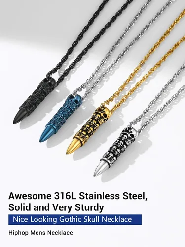 Miniatura 6 de Skull Bullet Charm Necklace for Men, Punk Style, Black18K Gold Plated Stainless Steel Goth Necklace, Halloween Jewelry