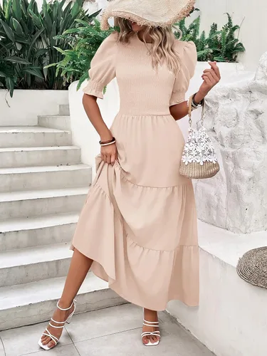 Miniatura 34 de BTFBM Vestidos para mujer, cuello redondo, casual, de verano, con volantes, manga corta, bohemio, con niveles, fruncido, largo, con estampado floral