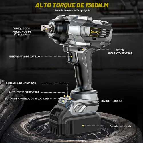 Miniatura 8 de DIYtoolifz Llave de Impacto Inalámbrica de 1/2 Pulgada Compatible con Batería DeWalt de 20V, 1000 Ft-lbs (1360 N.m) Controlador de Impacto de Alto