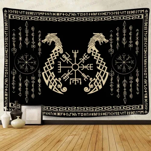 Tapiz de los vikingos nórdicos, franela suave grande de 60 x 51 pulgadas, símbolo Vegvsir gemelos dragones, runa celta escandinava, tapiz de